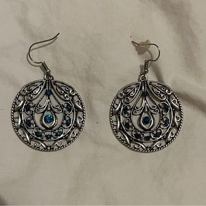 Silver Fashion Round Drop Earrings with Small Blue Rhinestones